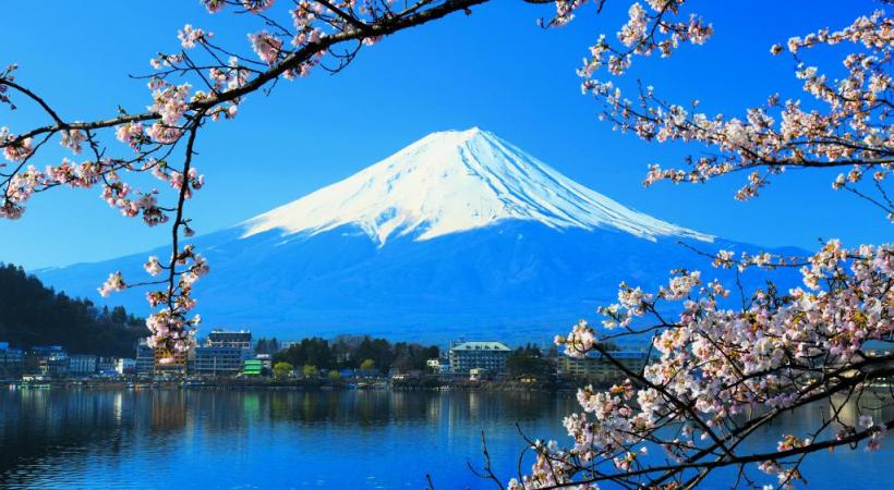 La carte postale du Japon avec le Fujisan (Mont Fuji), le lac Kawaguchi et les cerisiers en fleurs. Histoire & Voyages