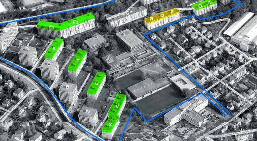 Le plan de quartier prévoit de rehausser les bâtiments de un étage (en jaune) ou de deux (en vert). 